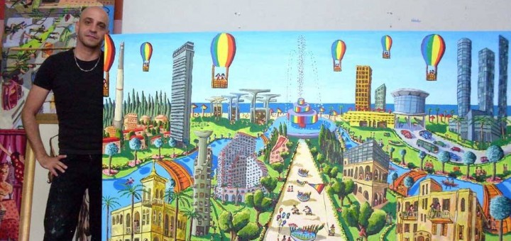 רפי פרץ ליד אחד הציורים מהסדרה הנאיבית