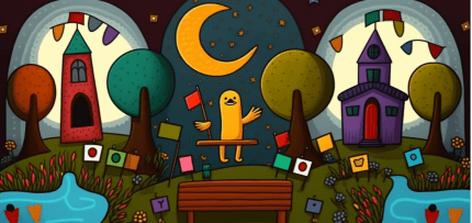 איור נאיבי המראה מועמד לבחירות באמצע עיר מלאה שלטים (צילום: midjourney ai)