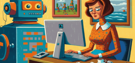 איור של אשה עובדת בחדר העבודה שלה יחד עם רובוט ידידותי (צילום: midjourney ai) איור של אשה עובדת בחדר העבודה שלה יחד עם רובוט ידידותי (צילום: midjourney ai)