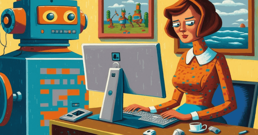 איור של אשה עובדת בחדר העבודה שלה יחד עם רובוט ידידותי (צילום: midjourney ai)