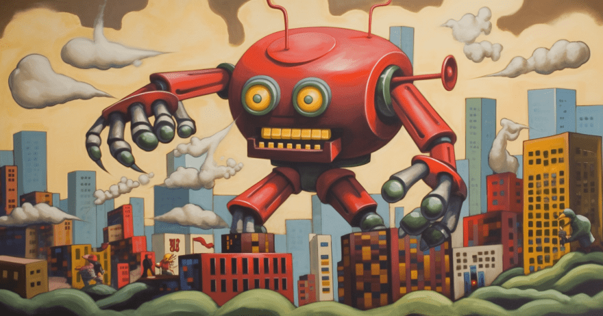 איור של רובוט תוקף עיר שלווה (צילום: midjourney ai)