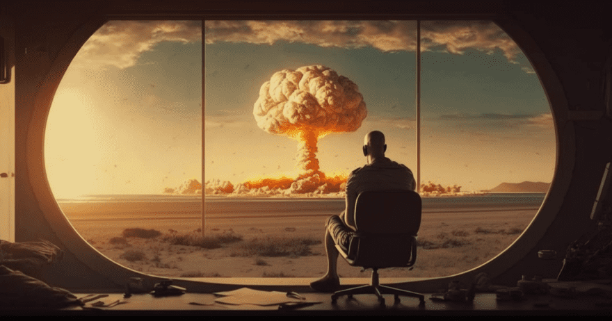 איור של אדם מתבונן בפיצוץ אטומי מבעד לחלון (צילום: midjourney ai)