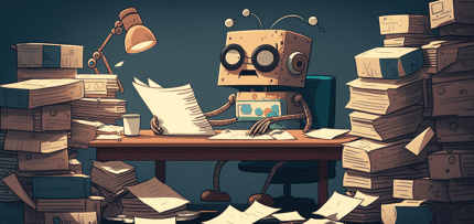 איור של רובוט קורא, מוקף בניירת (צילום: midjourney ai) איור של רובוט קורא, מוקף בניירת (צילום: midjourney ai)