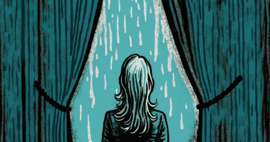 איור של אשה עומדת מאחורי מסך תיאטרון ומביטה החוצה בחשש (צילום: midjourney ai)
