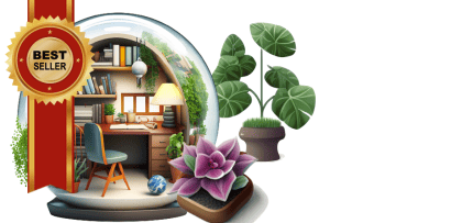 איור של כדור שלג ובתוכו שולחן עבודה וספרים, מוקף בצמחים (צילום: midjourney ai)