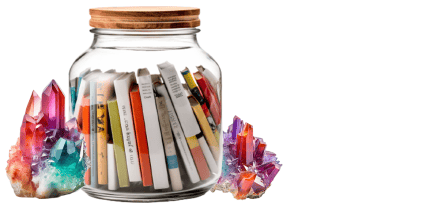 צילום המחשה של צנצנת ובה ספרים ולידה קריסטלים צבעוניים (צילום: midjourney ai)