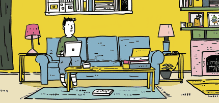 איור של איש עובד בסלון הבית (צילום: midjourney ai) איור של איש עובד בסלון הבית (צילום: midjourney ai)