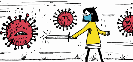 איור של דמות נלחמת בנגיף קורונה ענק (צילום: midjourney ai) איור של דמות נלחמת בנגיף קורונה ענק (צילום: midjourney ai)