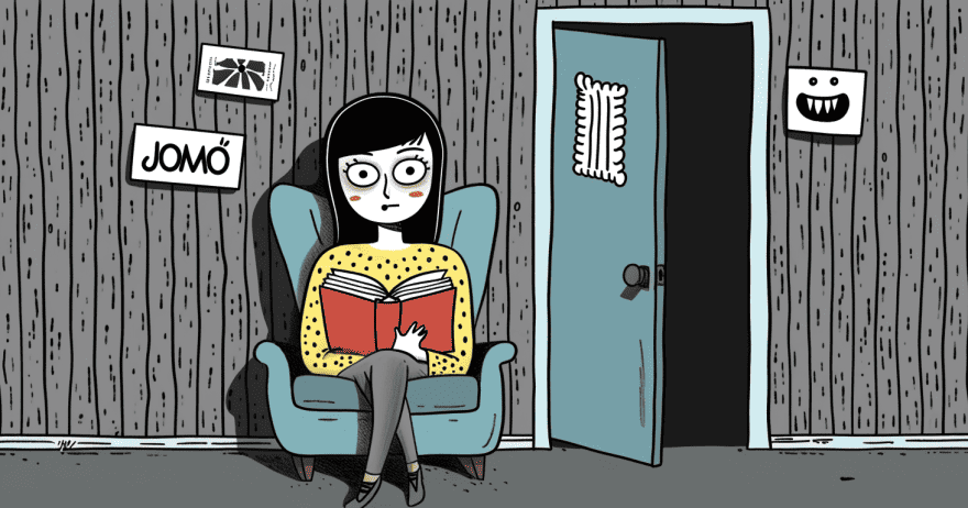 איור של אשה יושבת על ספה וקוראת ספר בחדר, עם הכיתוב JOMO על הקיר (צילום: midjourney ai)