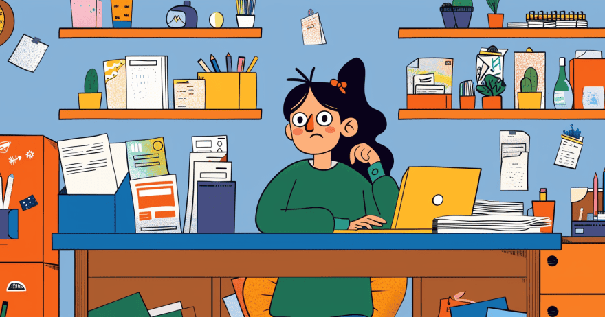 איור של אשה יושבת ליד מחשב נייד במשרד הביתי, נראית מבולבלת (צילום: midjourney ai)