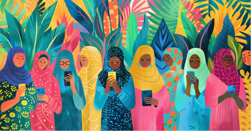 איור צבעוני המציג נשים בחיג'אב מתבוננות במכשיר טלפון נייד (צילום: midjourney ai)