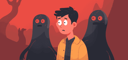 איור של איש מבוהל ומאחוריו דמויות מפחידות (צילום: midjourney ai)