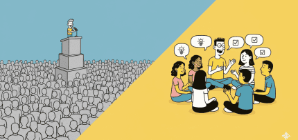 איור המציג השוואה בין מרצה מול קהל המוני ומנוכר לבין שיחה קבוצתית אינטימית, המדגישה מעבר מחשיפה לאמון (צילום: Gemini) איור המציג השוואה בין מרצה מול קהל המוני ומנוכר לבין שיחה קבוצתית אינטימית, המדגישה מעבר מחשיפה לאמון (צילום: Gemini)