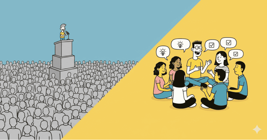 איור המציג השוואה בין מרצה מול קהל המוני ומנוכר לבין שיחה קבוצתית אינטימית, המדגישה מעבר מחשיפה לאמון (צילום: Gemini) איור המציג השוואה בין מרצה מול קהל המוני ומנוכר לבין שיחה קבוצתית אינטימית, המדגישה מעבר מחשיפה לאמון (צילום: Gemini)