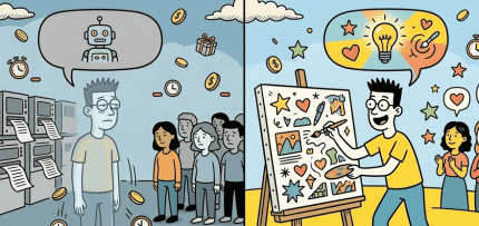 איור המציג איש מצייר לעומת איש שיוצר תוכן באמצעות בינה (צילום: Gemini)