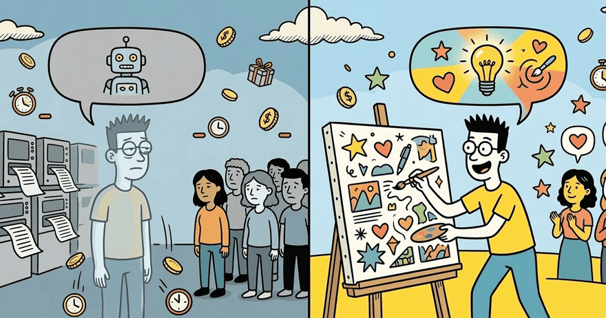 איור המציג איש מצייר לעומת איש שיוצר תוכן באמצעות בינה (צילום: Gemini)