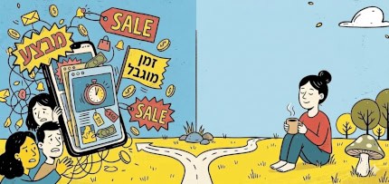 איור המראה ניגוד בין עולם דיגיטלי לחוץ לבין רוגע ושלווה בטבע (צילום: Gemini)