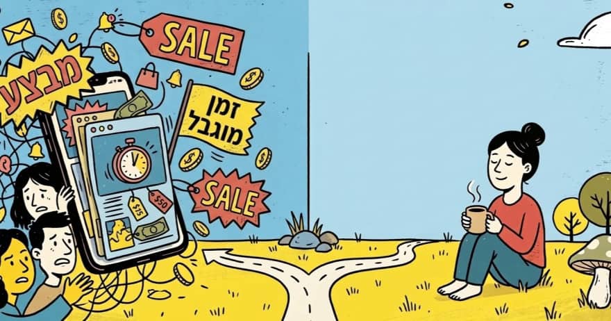 איור המראה ניגוד בין עולם דיגיטלי לחוץ לבין רוגע ושלווה בטבע (צילום: Gemini)